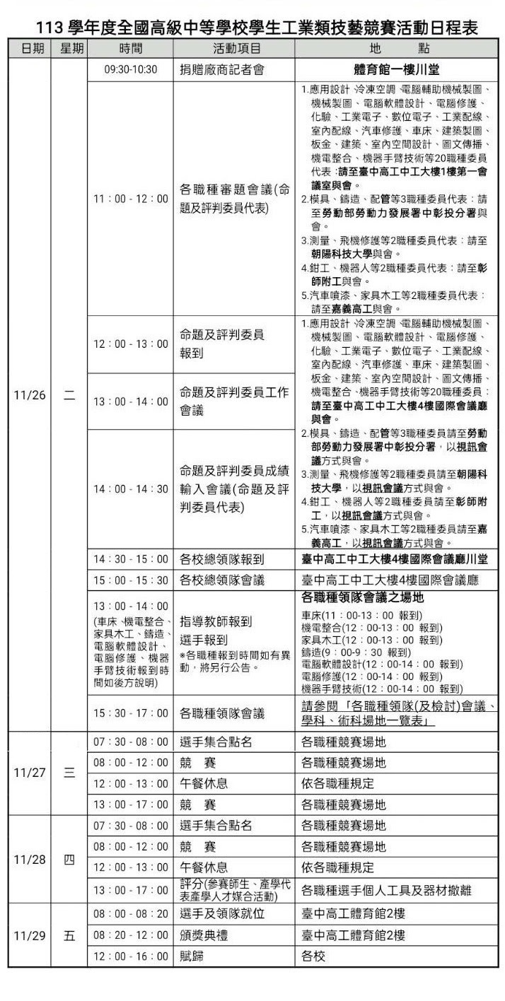 113學年度全國高級中等學校學生工業類技藝競賽活動日程表