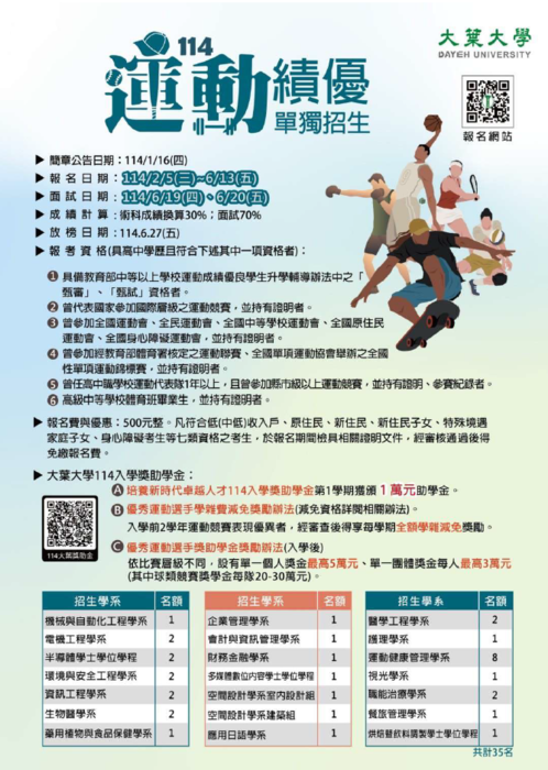 大葉大學114學年度「運動績優學生、進修學士班申請入 學、身心障礙學生」單獨招生資訊