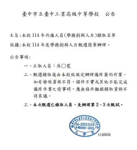 臺中高工114年約僱人員(學務創新人力)錄取名單
