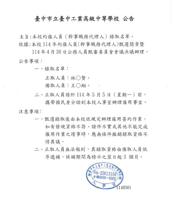 本校約僱人員（幹事職務代理人）甄選錄取公告